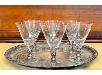 Gorham Silver Plate Asian Motif Tray With (6) Mid Century Modern Cocktail Glasses With Silver Painted Bases