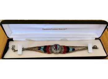 Quoc Turquoise Inc. Sterling Silver Liquid Bead And Multi Color Stone Inlay Bracelet In Jewelry Box