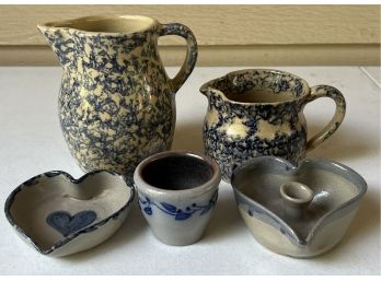 Small Lot Of Vintage Stoneware Pottery - Robinson Ransbottom Pitcher, Ellis Candle Holder, Heart Dish, & More