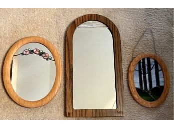 (2) Vintage Stain Glass Accent Oak Framed Mirrors And (1) Stain Glass Oak Frame Window Hanging