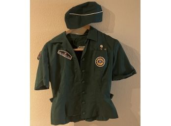 Vintage Official Girl Scouts 100 Percent Cotton Green Button Up Uniform Top With Patches And Beret