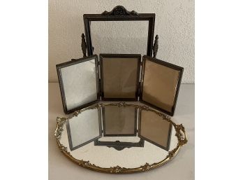 Antique Carved Swivel Picture Frame, Brass Rose Trim Dresser Mirror, Scharling Folder Frame
