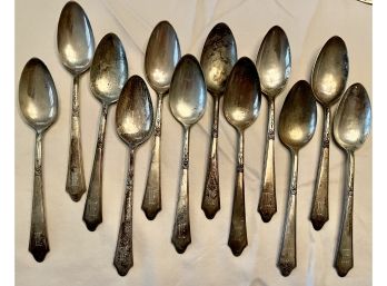 (12) Antique Robert Bowlen Lunt Sterling Silver Spoons Treasure Pattern Initialed (180 Grams)