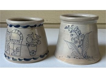 (2) 1991 Eldreth Pottery Hand Painted Stoneware Crocks