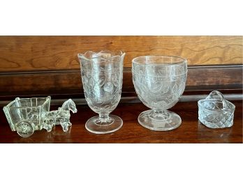 1870's Central Glass Co. Cabbage Rose Compote And Celery Dish, Small Glass Basket, Horse And Buggy