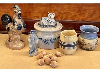 Vintage Pottery Lot - Eldreth Covered Cat Dish, Uncle Sam, Rooster, Studio Pottery, Blue Ring Stoneware