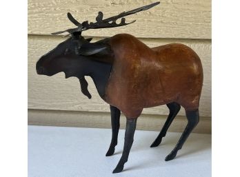Vintage Hand Carved Wood Moose With Metal Head, Legs, And Tail