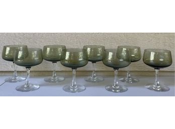 (8) Vintage Fostoria Glamour Green Glass Goblets With Clear Stems