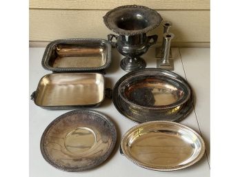 Silver Plate Collection - Large Planter, Footed Dishes, Serving Platters, And Candle Holders