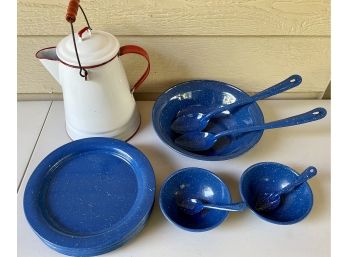 Enamelware Lot - Vintage Red & White Coffee Pot With Blue Set Of Plates, Bowls, And Spoons