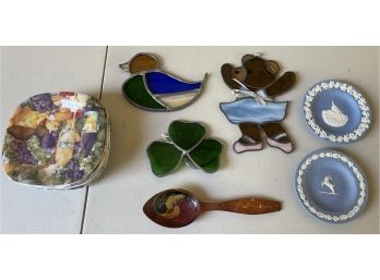 Eclectic Decor Lot - Stained Glass, Wedgewood, Stockholm Wood Spoon, Melamine Plates, & More