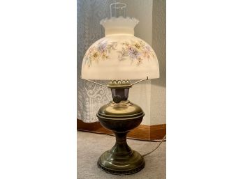Antique Aladdin 1915-16 Mantle Oil Lamp Co. Brass Oil Lamp Converted To Electric With Floral Glass Shade