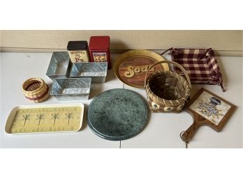 Lot Of Assorted Trivets, Canisters, Baskets, And More - Colonel Goodfellow's Soda, Wilbur's Toll, Nestle