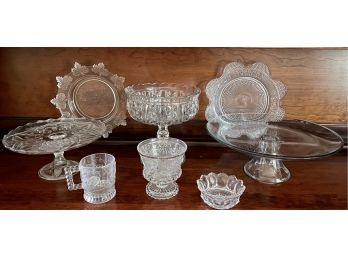 Antique Clear Pressed Glassware Lot - (2) Cake Plates, Compote, Footed Bowl, And (2) Serving Plates