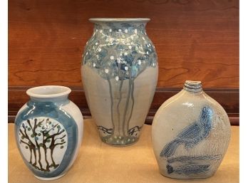 (2) Vintage J S J Studio Pottery Vases And (1) Antique L R Stoneware Jug