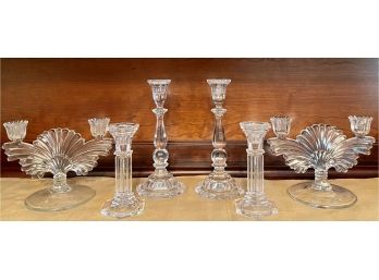 (3) Pairs Of Vintage Crystal And Glass Candle Holders - (1) With Etched Flower Base