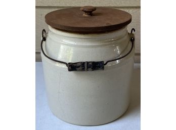 Antique 9 Inch Stoneware Crock With Wooden Handle And Lid