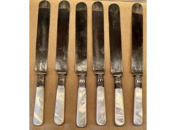 (6) Antique Pearl Handled Sterling Silver Dinner Knives With Original Cleaning Instructions