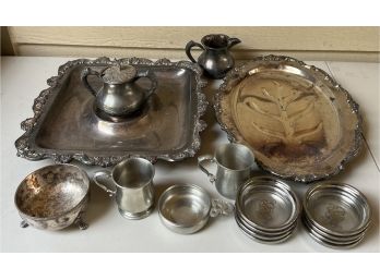 Small Silver Plate And Pewter Lot - Leaf Dish, Cream And Sugar, Platter, Mugs, And More
