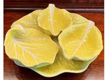 Vintage Made In Portugal Cabbage Leaf Yellow (3) Serving Pieces - Platter With Attached Bowl  Two Bowls