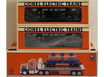 Lionel Flatbed Toy Truck With 3-dome Tank Car, And (2) Lionel Electric Trains Western Maryland Hopper Sets