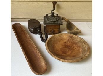Vintage And Antique Lot Including Dove Tail Coffee Grinder, Russian Ladle, Thailand Teak, And Wood Bowl