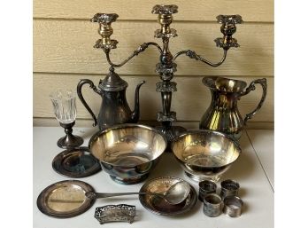 Silver Plate Lot - Sheffield, Shuridan, Gorham, Oneida, Pitcher, Bowls, Plate, Napkin Rings, And More