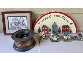 (4) International Resources LLC Resin Minatare Homes With Wood Holiday Plaque, Candle, & Print