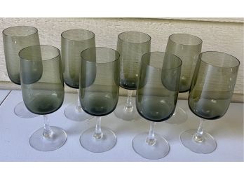 (8) Vintage Fostoria Glamour Green Glass Water Goblets With Clear Stems