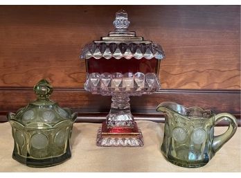 Vintage Cranberry And Clear Glasses Lidded Candy Dish With Green Coindot Cream And Sugar