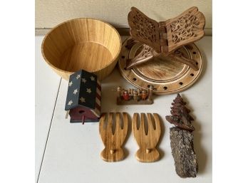 Wood Lot Including Decorative Tray, Salad Bowl, Bird House, Pine Wall Hanging, And More