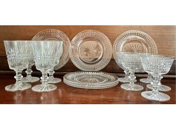 Antique Crystal Starburst Dish Set - (5) Plates, (4) Goblets, (5) Compotes