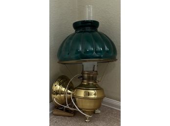 Vintage Brass Wall Sconce With Dark Green Glass Globe And Frosted Hurricane