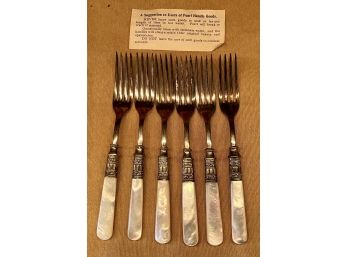 (6) Antique Pearl Handled Sterling Silver Forks With Original Cleaning Instructions