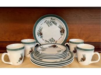 L. L. Bean Evergreen Pinecone 12 - Piece Dishware Set - (4) Plates, Side Plates, Mugs