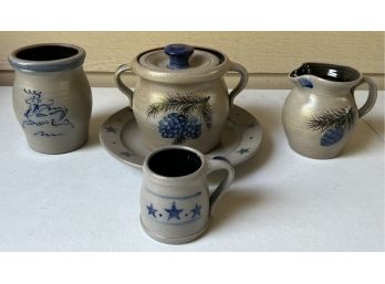 (5) Signed Pieces Of Rowe Pottery Works Stoneware Pottery - Plate, Pitcher, Lidded Urn, And Vase