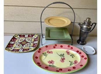 Home Decor Lot - 2 Tier Metal Plate Rack, Silver Plate Carafe, Pier 1 Plates, & Jean Townsend Large Platter