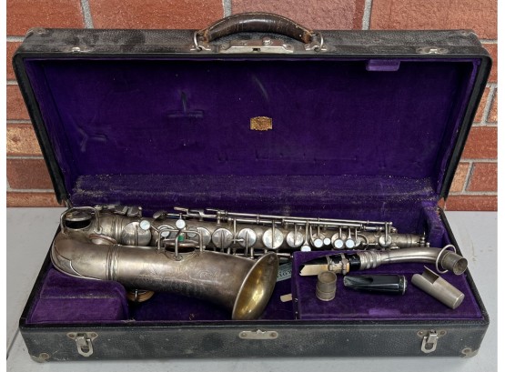 Antique C. G. Conn Ltd. Elkhart Nickel Silver Saxophone  With Original Case