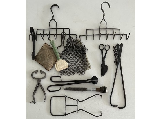 Antique Primitive Lot - (2) Metal Wall Hanger With Hooks, Cast Iron Blacksmith Tongs, Swans Down Cake Flour