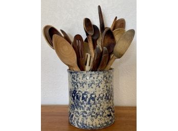 Vintage Blue Spongeware Crock With Primitive Antique Wooden Utensils Spoons Mixers Slotted And More