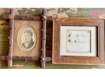 Antique Tramp Art Frame With Portrait With 1800's Sampler