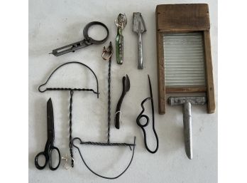 Antique Primitive Tool Lot - Crystal Mini Washer Board, Pitter, Scraper, And More