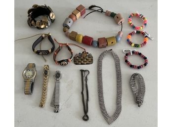 Assorted Necklace And Bracelet Lot - (3) Stainless Watches, Vintage Rhinestone, And Costume