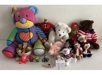 Large Toy Lot Including Vintage Wooden Alphabet Box, Boyd's Bears, Mechanical Pig , Kewpie Doll, & More