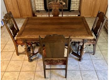 Antique Solid Oak Mediterranean Style Table With Pull Out Leaves And 4 Chairs - 3 Side And 1 Captain