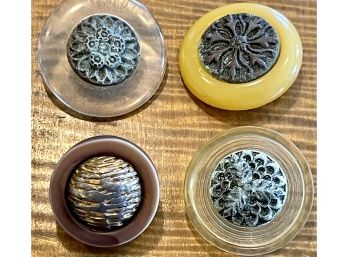 (4) Vintage Celluloid Buttons With Metal Filigree And Ball Centers