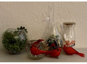 Vintage Small Terrarium Lot With Silk Birds And A Koblers Dairy Bottle