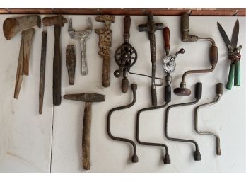 Vintage And Antique Primitive Tool Lot - Hand Drills, Wrenches, Hammers, Tool Heads, And More