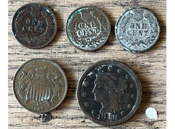 (3) Antique Indian Head Pennies With 1818 Liberty 1 Cent And 1867 2 Cent (as Is)