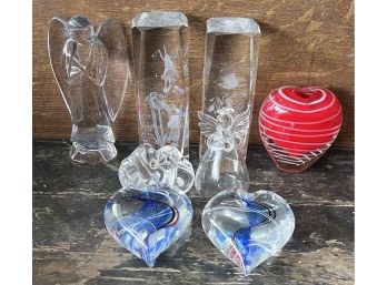 Art Glass Collection Including Signed Steuben Puppies, (2) Prisms, Blue Swirl Hearts, Angles, And Red Heart